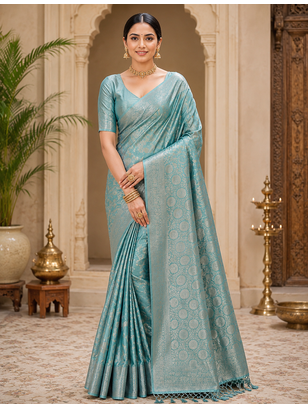sky blue jaqurad border with tassels on pallu a khaddi crep georgette saree 1