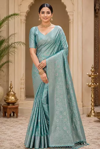 sky blue jaqurad border with tassels on pallu a khaddi crep georgette saree