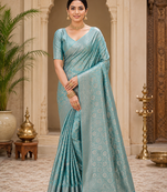 sky blue jaqurad border with tassels on pallu a khaddi crep georgette saree