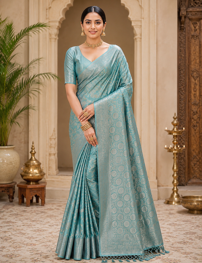 sky blue jaqurad border with tassels on pallu a khaddi crep georgette saree