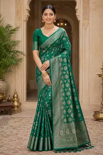 green jaqurad border with tassels on pallu a khaddi crep georgette saree