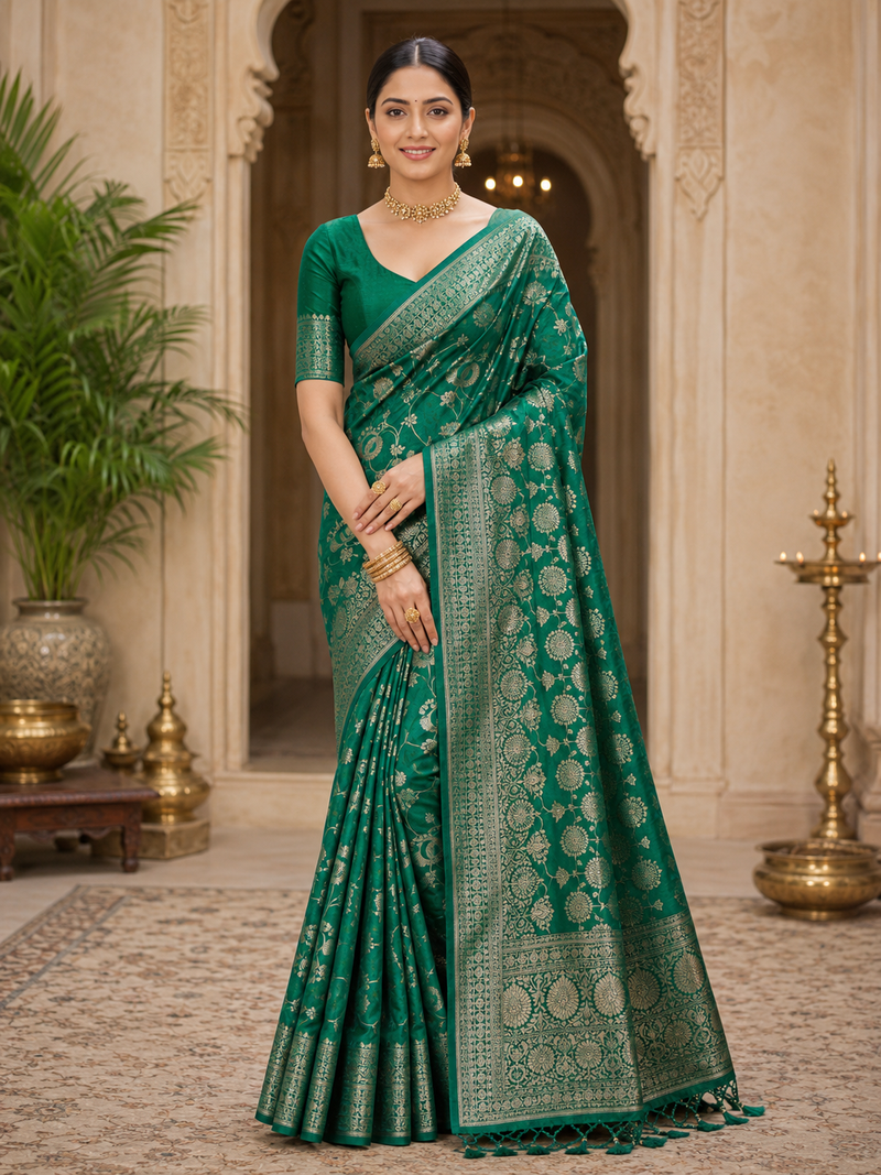 green jaqurad border with tassels on pallu a khaddi crep georgette saree