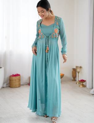 Blue embroidered georgette palazzo set with floral jacket and handwork details 1