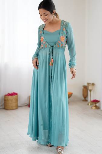 Blue embroidered georgette palazzo set with floral jacket and handwork details