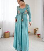 Blue embroidered georgette palazzo set with floral jacket and handwork details