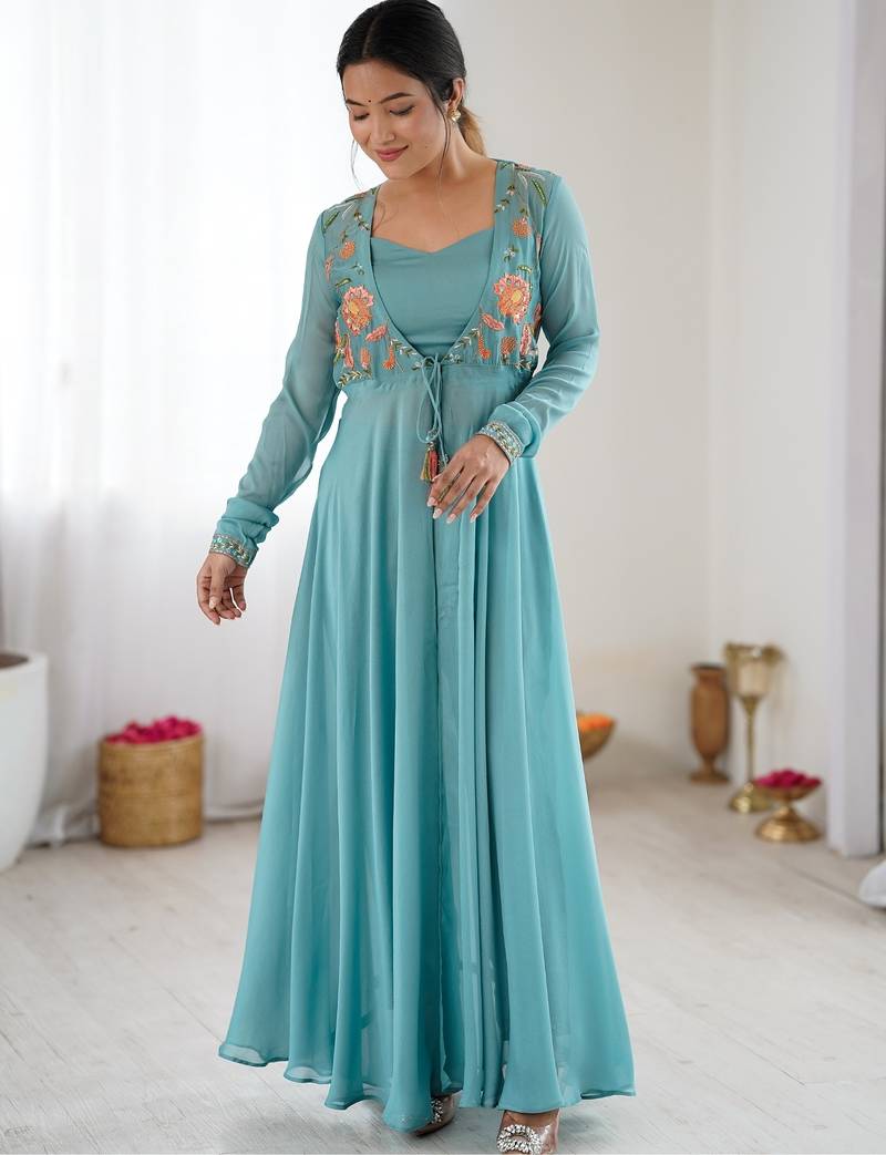 Blue embroidered georgette palazzo set with floral jacket and handwork details