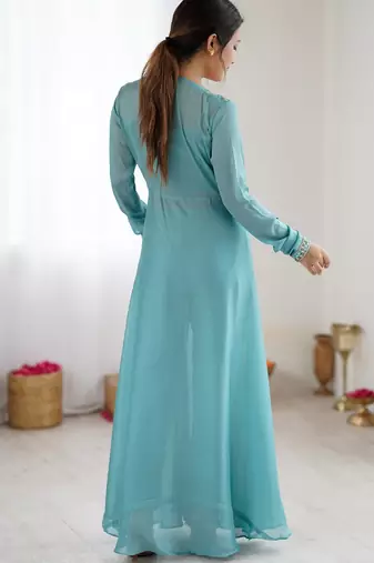Blue embroidered georgette palazzo set with floral jacket and handwork details
