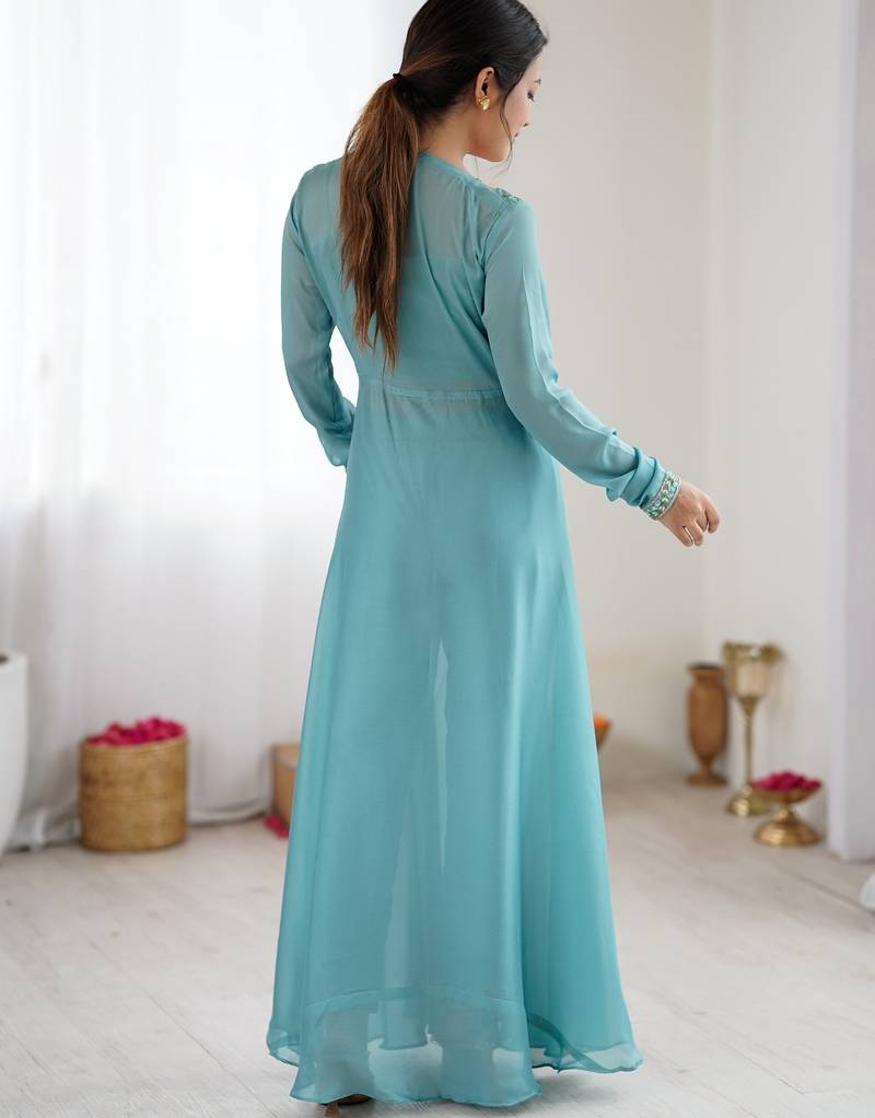 Blue embroidered georgette palazzo set with floral jacket and handwork details