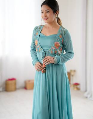 Blue embroidered georgette palazzo set with floral jacket and handwork details 4