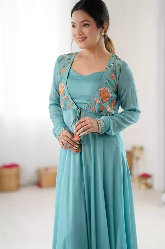 Blue embroidered georgette palazzo set with floral jacket and handwork details