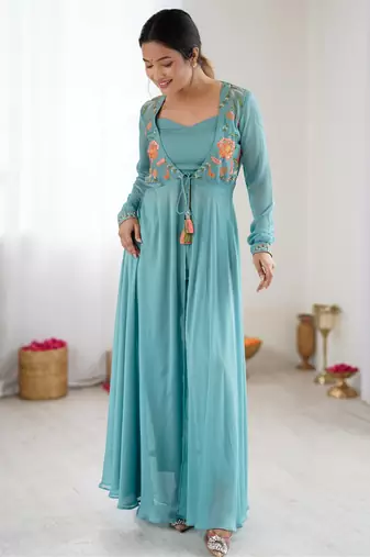 Blue embroidered georgette palazzo set with floral jacket and handwork details