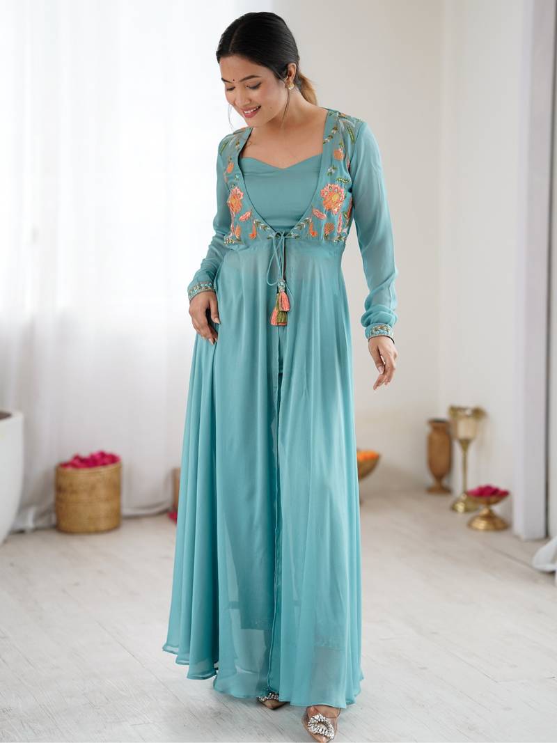 Blue embroidered georgette palazzo set with floral jacket and handwork details