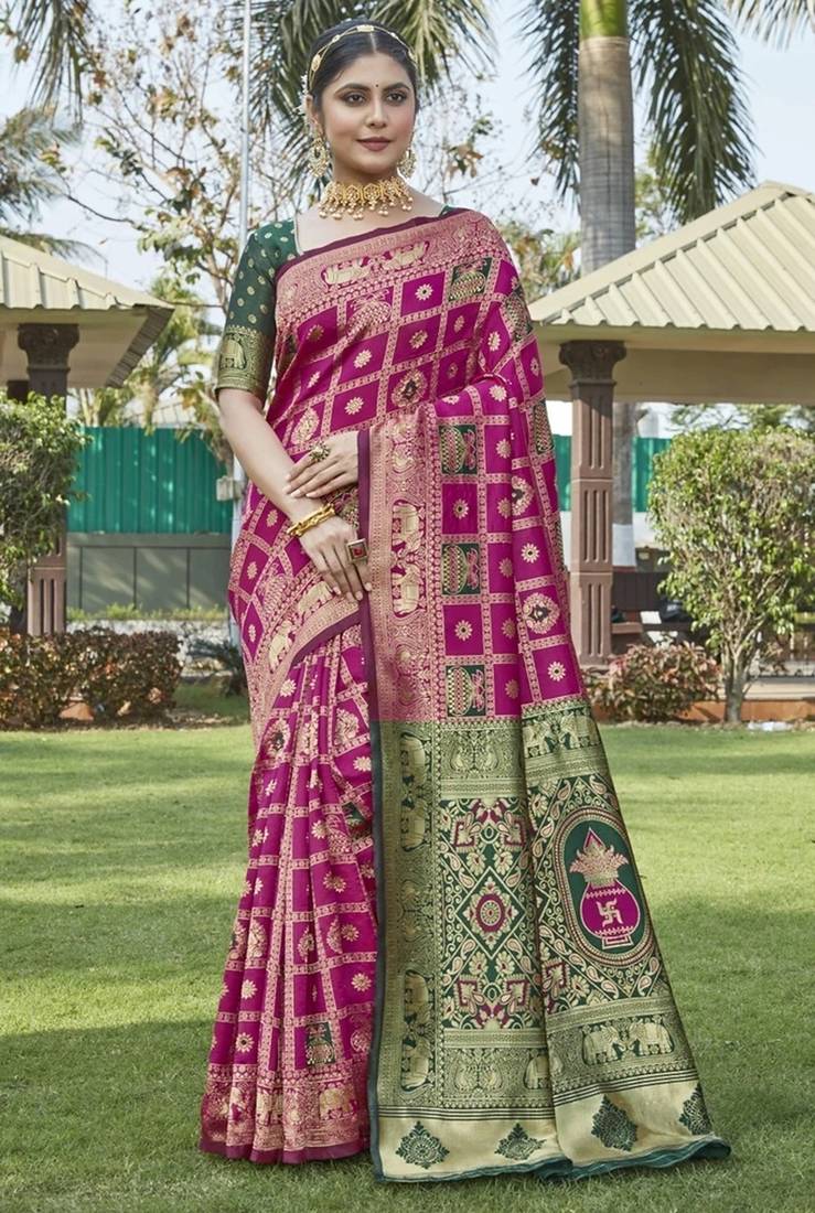 Pink woven jacquard art banarasi silk  saree with blouse piece.