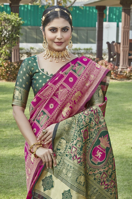 Pink woven jacquard art banarasi silk  saree with blouse piece. 2
