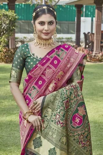 Pink woven jacquard art banarasi silk  saree with blouse piece.
