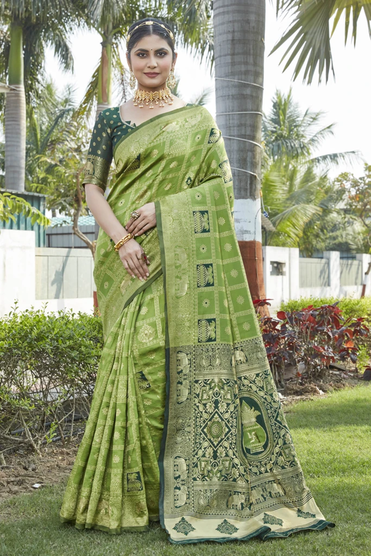 Mahendi woven jacquard  art  banarasi silk  saree with blouse piece.