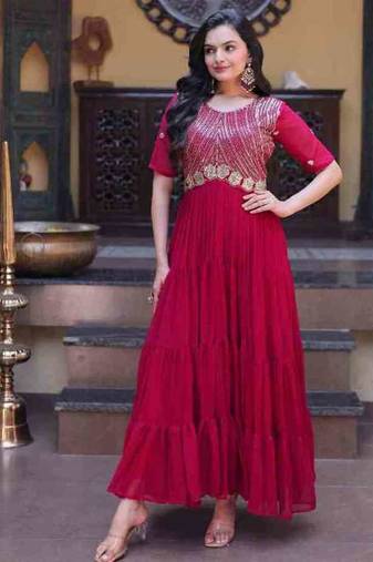 Pink zari & sequins embroidered work georgette stitched kurta gown