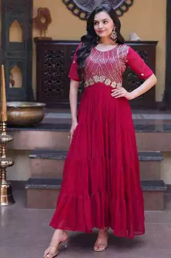 Pink zari & sequins embroidered work georgette stitched kurta gown