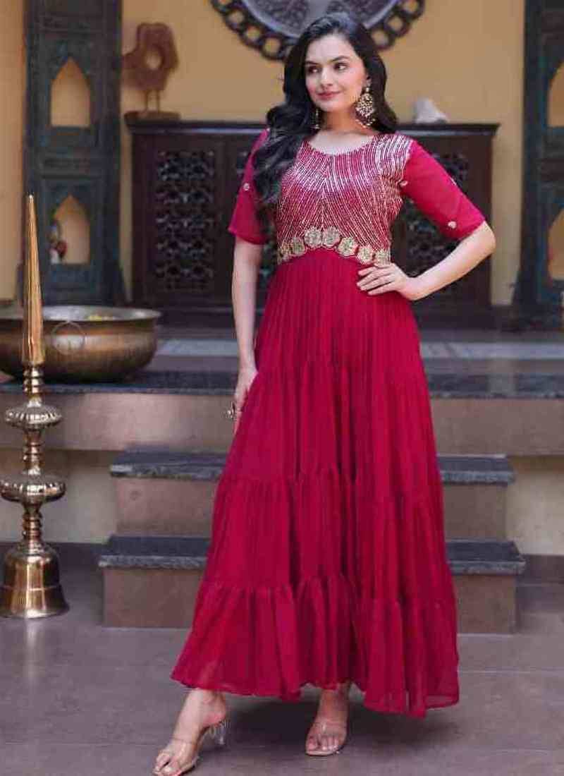 Pink zari & sequins embroidered work georgette stitched kurta gown