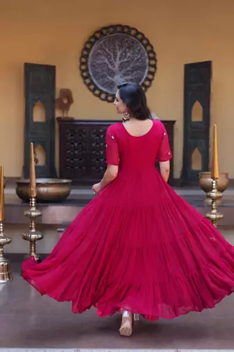 Pink zari & sequins embroidered work georgette stitched kurta gown