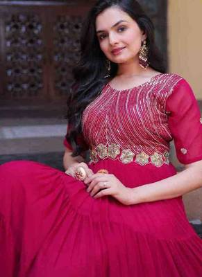 Pink zari & sequins embroidered work georgette stitched kurta gown 4