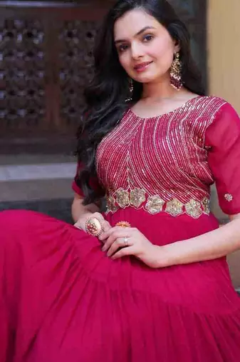 Pink zari & sequins embroidered work georgette stitched kurta gown