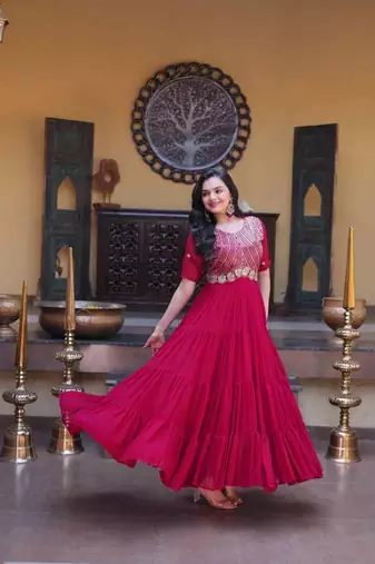 Pink zari & sequins embroidered work georgette stitched kurta gown