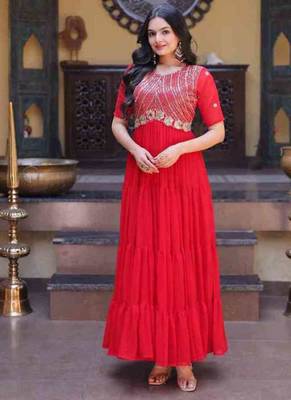 Red zari & sequins embroidered work georgette stitched kurta gown 1