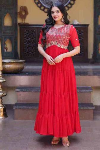 Red zari & sequins embroidered work georgette stitched kurta gown