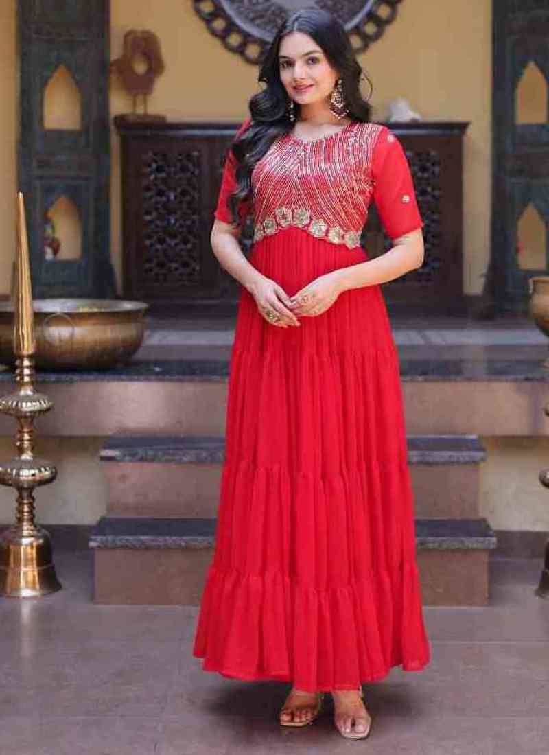 Red zari & sequins embroidered work georgette stitched kurta gown