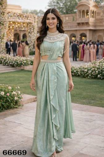 women's sea green satin embroidered ready to wear saree with unstiched blouse