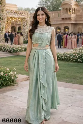 Graceful women's sea green satin embroidered ready to wear satin saree with unstiched blouse