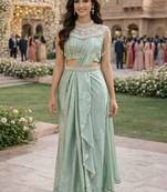 Graceful women's sea green satin embroidered ready to wear satin saree with unstiched blouse
