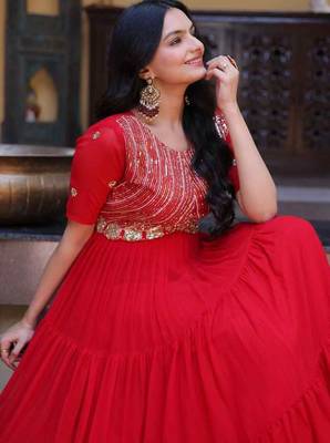Red zari & sequins embroidered work georgette stitched kurta gown 4