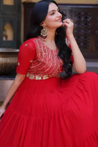 Red zari & sequins embroidered work georgette stitched kurta gown
