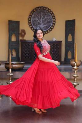 Red zari & sequins embroidered work georgette stitched kurta gown 5