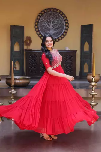 Red zari & sequins embroidered work georgette stitched kurta gown