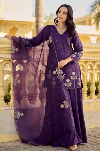 Women's Gorgeous Embroidery Work Chanderi Silk Fabric Straight Kurta Sharara and Dupatta Set