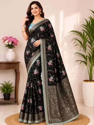 black sequin embroidery cut lace fitting viscos khaddi creap georgette saree 1