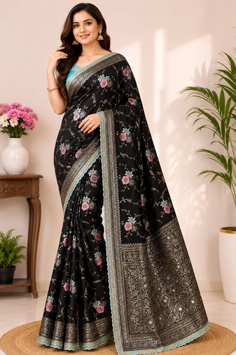 black sequin embroidery cut lace fitting viscos khaddi creap georgette saree