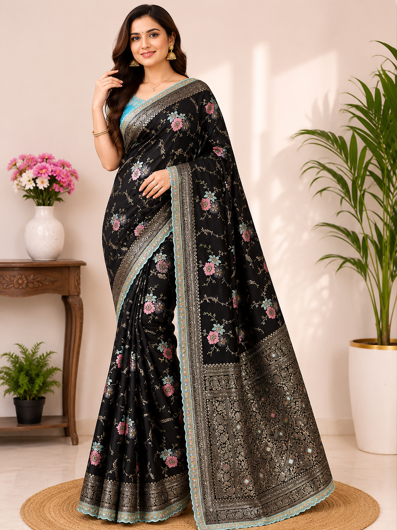 black sequin embroidery cut lace fitting viscos khaddi creap georgette saree