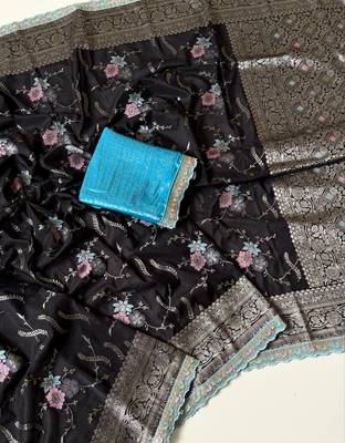 black sequin embroidery cut lace fitting viscos khaddi creap georgette saree 2