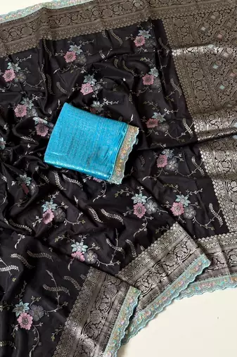 black sequin embroidery cut lace fitting viscos khaddi creap georgette saree