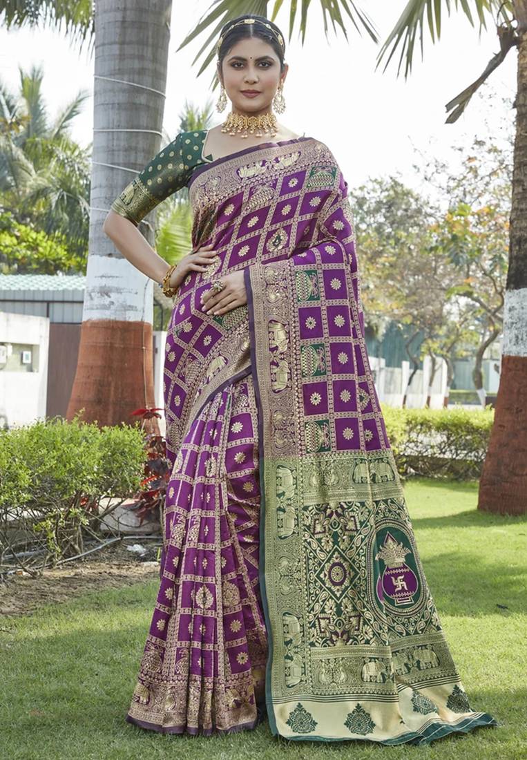 Wine woven jacquard art  banarasi silk  saree with blouse piece.