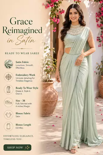 women's sea green satin embroidered ready to wear saree with stiched blouse