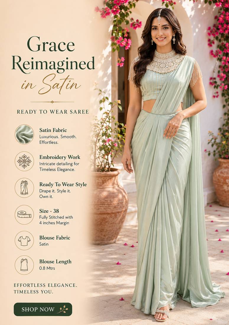 Graceful women's sea green satin embroidered ready to wear satin saree with unstiched blouse
