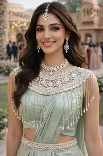 women's sea green satin embroidered ready to wear saree with stiched blouse