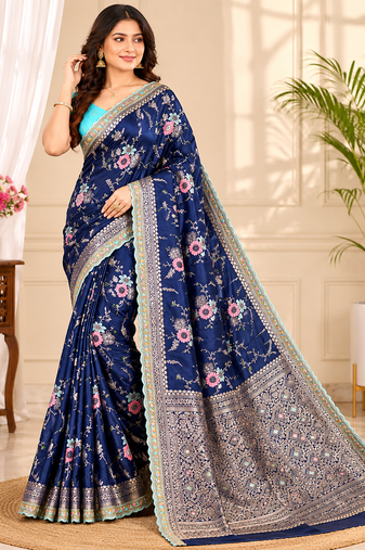 neavy blue sequin embroidery cut lace fitting viscos khaddi creap georgette saree