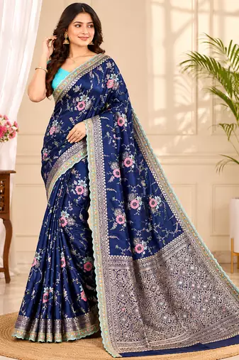 neavy blue sequin embroidery cut lace fitting viscos khaddi creap georgette saree