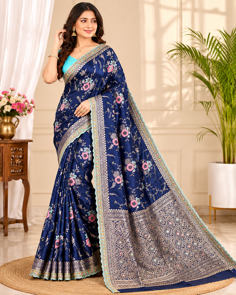 neavy blue sequin embroidery cut lace fitting viscos khaddi creap georgette saree